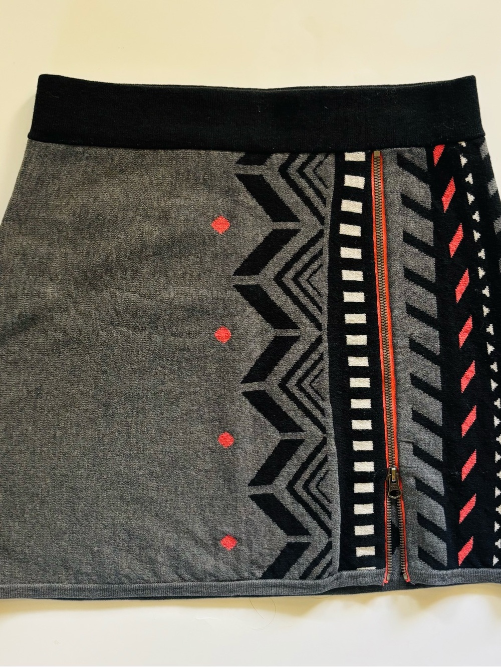 Title Nine Merino Wool Nordic Geometric Knit Zipper Mini Skirt Grey Orange XS